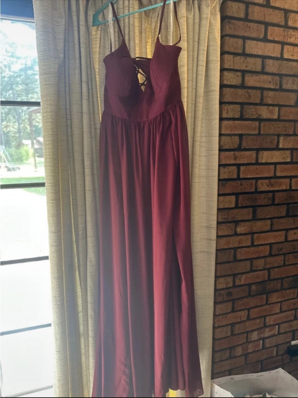 Azazie Burgundy Spaghetti Strap Lace-Up Maxi Dress